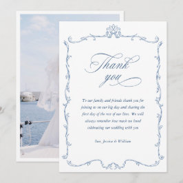 Victoriaans Bloemen Stoffig Blauw Trouwfoto Bedankkaart