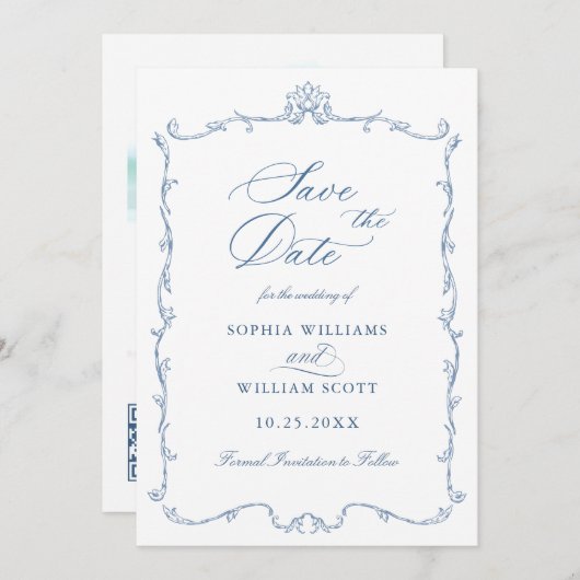 Victoriaans Bloemen Stoffig Blauw Trouwfoto Save The Date (Voorkant / Achterkant)