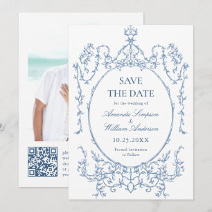 Victoriaans  Bloemen Stoffig Blauw Trouwfoto Save The Date