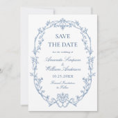 Victoriaans  Bloemen Stoffig Blauw Trouwfoto Save The Date (Voorkant)
