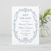 Victoriaans  Bloemen Stoffig Blauw Trouwfoto Save The Date (Staand voorkant)