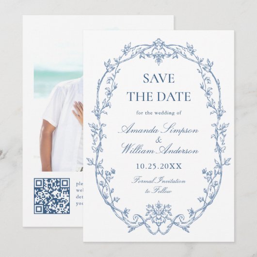 Victoriaans  Bloemen Stoffig Blauw Trouwfoto Save The Date (Voorkant / Achterkant)