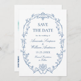 Victoriaans Bloemen Stoffig Blauw Trouwfoto Save The Date