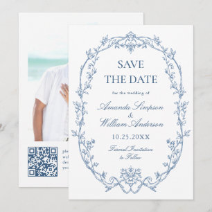 Victoriaans  Bloemen Stoffig Blauw Trouwfoto Save The Date