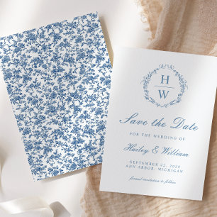 Victoriaans Bloemen Toile Blue Wedding Save the Da Save The Date