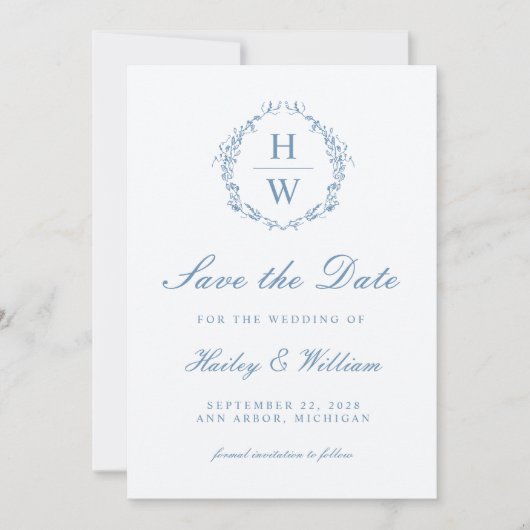 Victoriaans Bloemen Toile Blue Wedding Save the Da Save The Date (Voorkant)