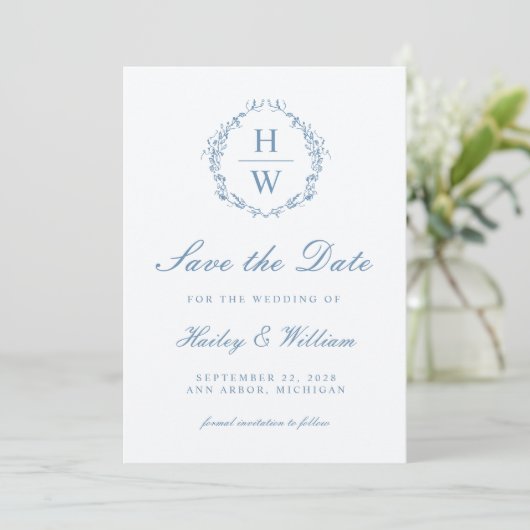 Victoriaans Bloemen Toile Blue Wedding Save the Da Save The Date (Staand voorkant)