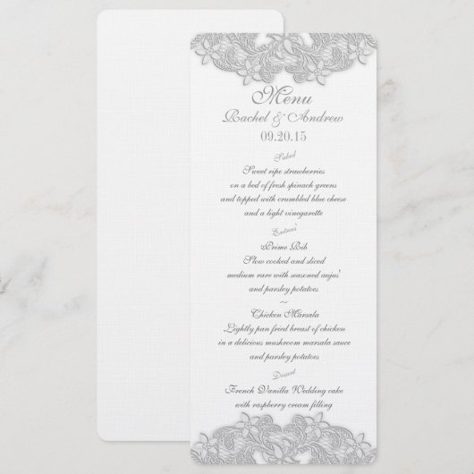 Victoriaans Bloemen Zilver Grijs Menu Kaart (Voorkant / Achterkant)