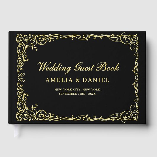  Victoriaans Bloemen Zwart Gouden Huwelijk Gastenboek (Voorkant)