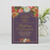 Victoriaans bloemenelegante pruim & gouden bruilof kaart (Staand voorkant)