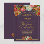 Victoriaans bloemenelegante pruim & gouden bruilof kaart (Voorkant / Achterkant)