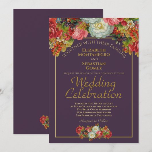 Victoriaans bloemenelegante pruim & gouden bruilof kaart (Voorkant / Achterkant)