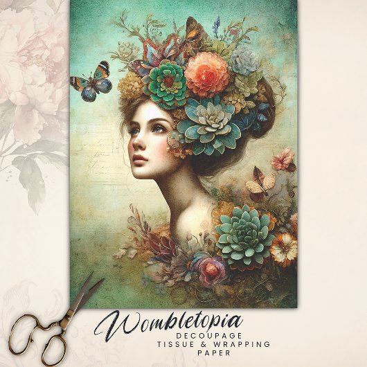 Victoriaans Bloemenportret Antiek Decoupage Rustie Tissuepapier