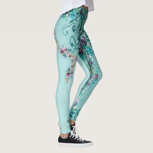 Victoriaans bloemenrol elegant blauwgroen paarse r leggings (Rechts)