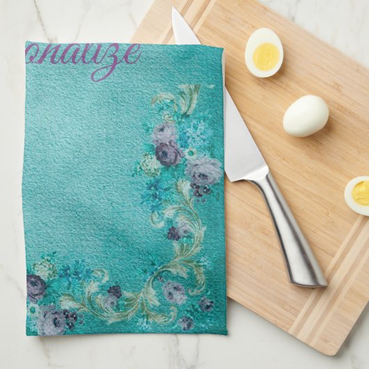 Victoriaans bloemig roos elegant blauwgroen paarse theedoek (Quarter Fold)