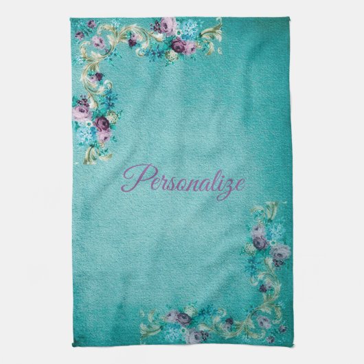 Victoriaans bloemig roos elegant blauwgroen paarse theedoek (Verticaal)