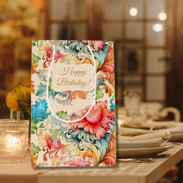 Victoriaans  bloemmotief Happy Birthday Medium Cadeauzakje