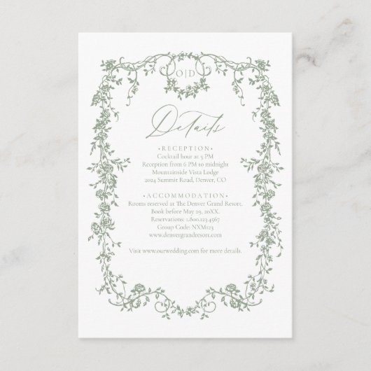 Victoriaans Bloemsalie Groene Foto Franse bruiloft Informatiekaartje (Voorkant)