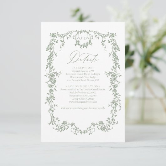 Victoriaans Bloemsalie Groene Foto Franse bruiloft Informatiekaartje (Staand voorkant)