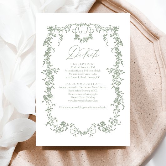 Victoriaans Bloemsalie Groene Foto Franse bruiloft Informatiekaartje