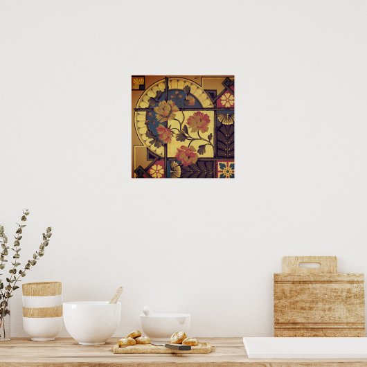 Victoriaans bloemsierkunst en ambachten rood blauw poster (Keuken)