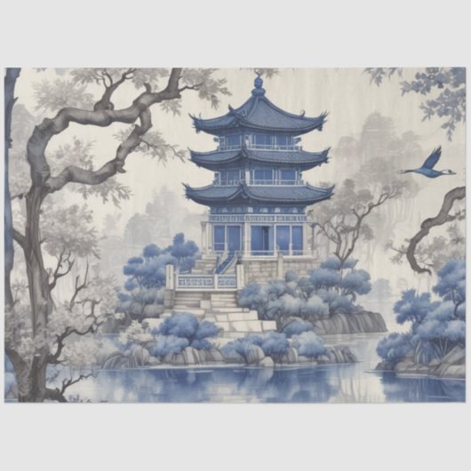 Victoriaans Blue Sapphire Willow Decoupage Print Tissuepapier (Voorkant)