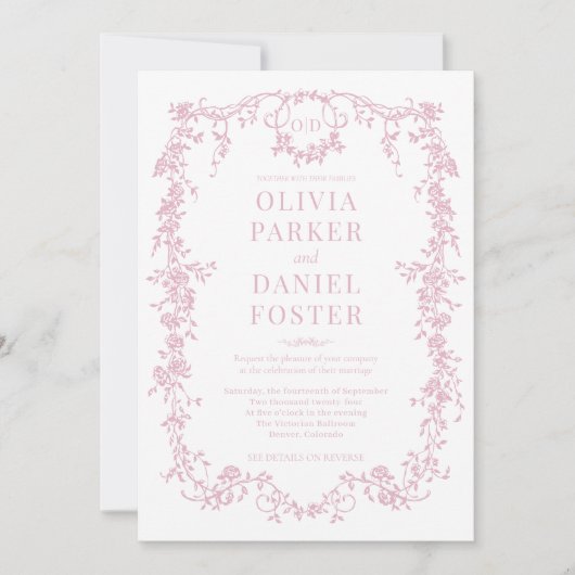 Victoriaans Blush Pink All in One Wedding Monogram Kaart (Voorkant)