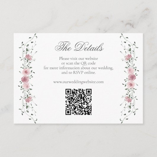 Victoriaans Blush Roze Bloemen Huwelijkswebsite QR Informatiekaartje (Voorkant)
