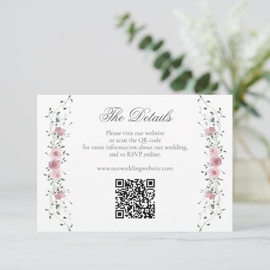 Victoriaans Blush Roze Bloemen Huwelijkswebsite QR Informatiekaartje (Staand voorkant)