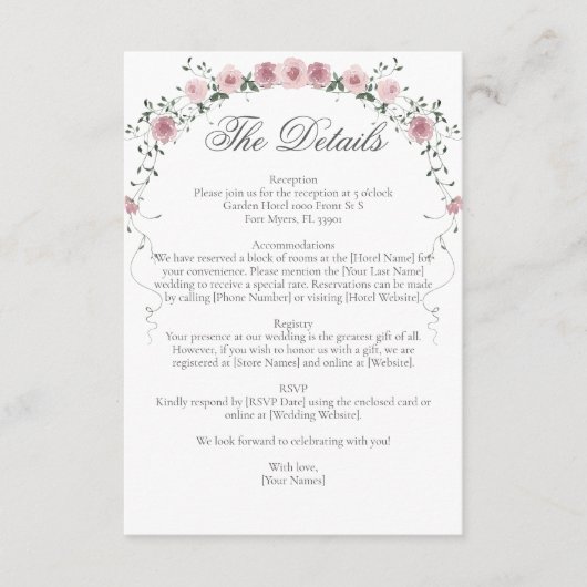 Victoriaans Blush Roze Bloemen Wijnstok Wedding De Informatiekaartje (Voorkant)