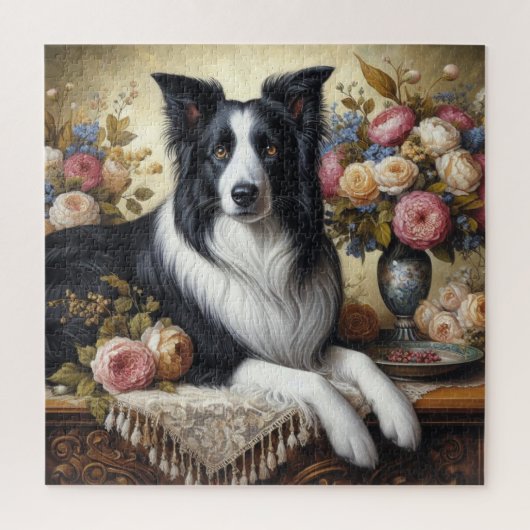 Victoriaans Border Collie en Rozen 676 Stuk Puzzel (Verticaal)