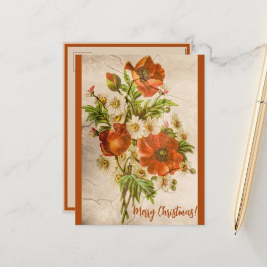  Victoriaans botanische rode papaver Feestdagenkaart (Voorkant / Achterkant in situ)
