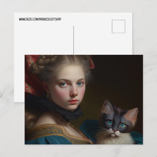 Victoriaans BRIEFKAART VAN MEISJE EN KAT (Voorkant / Achterkant)