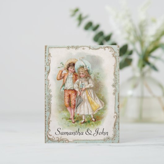 Victoriaans bruiloft Bewaar de datum Aankondigingskaart (Staand voorkant)