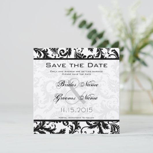 Victoriaans bruiloft met zwarte en witte Damask Save The Date (Staand voorkant)
