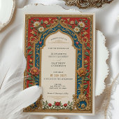 Victoriaans bruiloft Rood & Goud Bloemaccenten Kaart