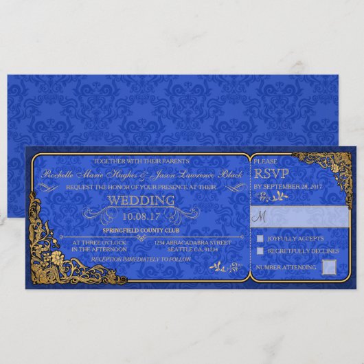 Victoriaans bruiloft ticket uitnodiging (royal blu (Voorkant / Achterkant)