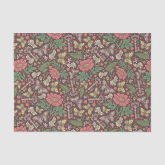 Victoriaans Butterfly Old Keys White Daisies Tissuepapier (Voorkant)