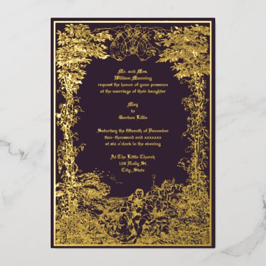 Victoriaans Castle Couple Foliage Border Wedding Folie Uitnodiging (Voorkant)