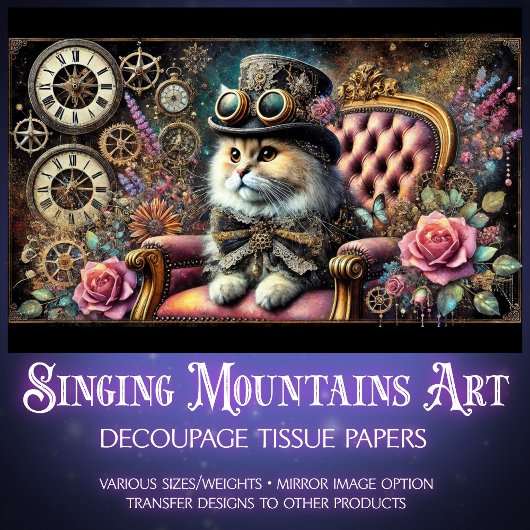 Victoriaans Cat  Bloemen Klokken Decoupage Tissuepapier