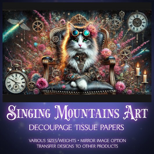 Victoriaans Cat Floral Steampunk Klokken Decoupage Tissuepapier