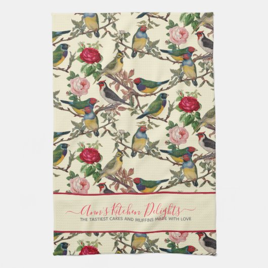 Victoriaans Chintzy Birds en Rozen  Patroon Theedoek (Verticaal)