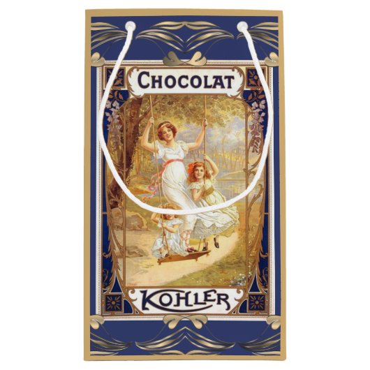 Victoriaans chocolade advertentie elegant blauw klein cadeauzakje (Achterkant)