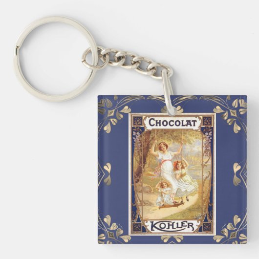 Victoriaans chocoladeetiket floral elegant blauw g sleutelhanger (voorkant)