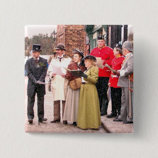 VICTORIAANS CHRISTMAS CAROL SINGERS VIERKANTE BUTTON 5,1 CM (Voorkant)
