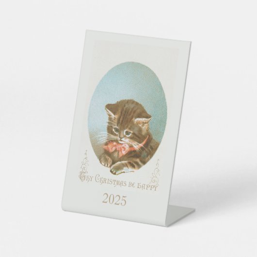 Victoriaans Coquette Kerstkat Reclamebord Met Voetstuk (Voorkant)