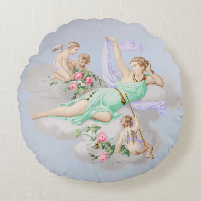 Victoriaans Coquette Pastel Angel Clouds Rond Kussen (Voorkant)