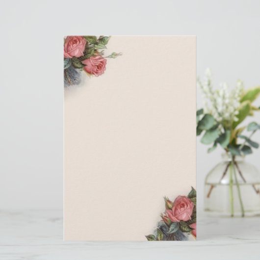  Victoriaans Crimson Pink Roses Briefpapier (Staand voorkant)