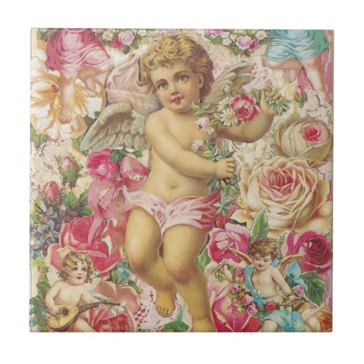 Victoriaans Cupid en Rozen Floral Tegeltje (Voorkant)