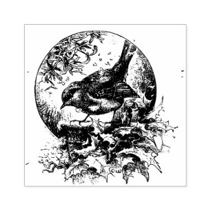 Victoriaans Cute Bird met Holly - Vintage Kerstmis Rubberstempel